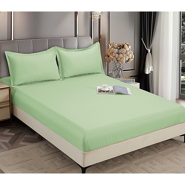 Set Husa de Pat CHIRASO, cu ELASTIC, Damasc, pentru saltea de 180x200 cm si 2 Fete de Perna 52x80cm, UNI, verde deschis