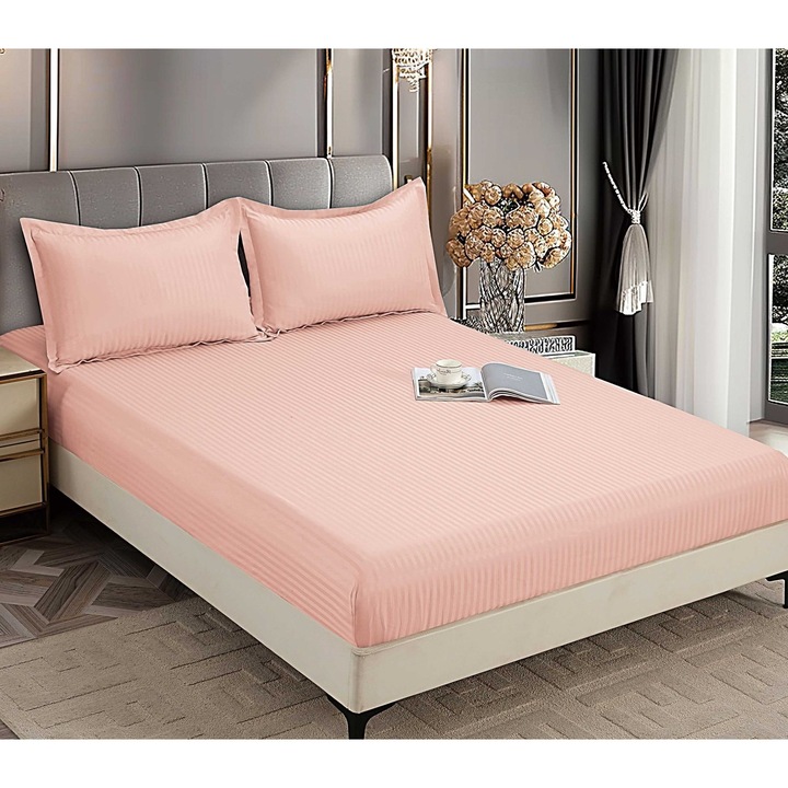 Set Husa de Pat CHIRASO, cu ELASTIC, Damasc, pentru saltea de 180x200 cm si 2 Fete de Perna 52x80cm, UNI, roz pudrat