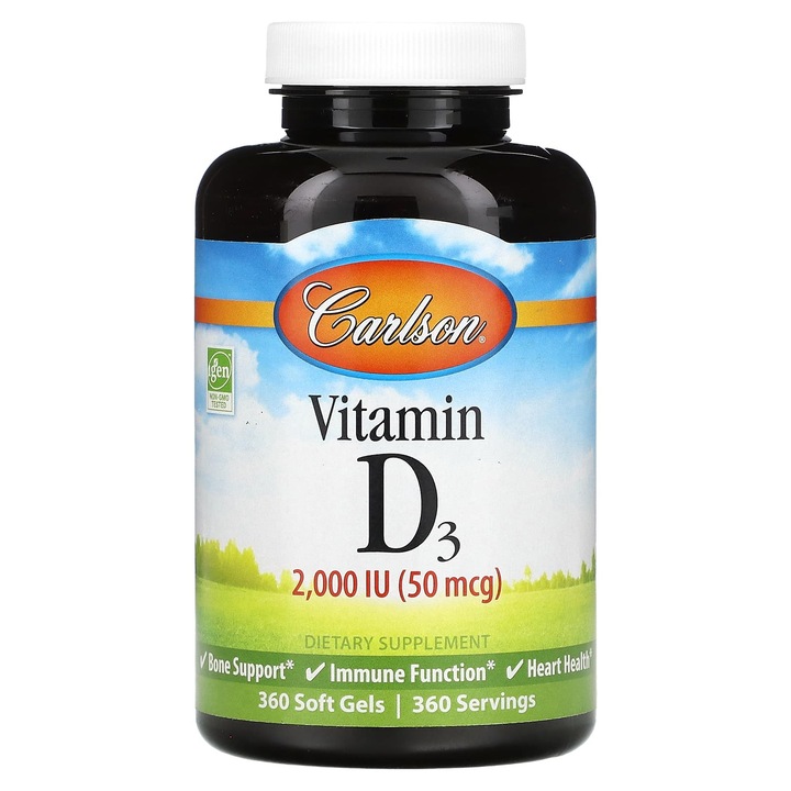 Vitamina D3, 50 g, 360 capsule moi, suport pentru oase, sanatatea inimii, Carlson