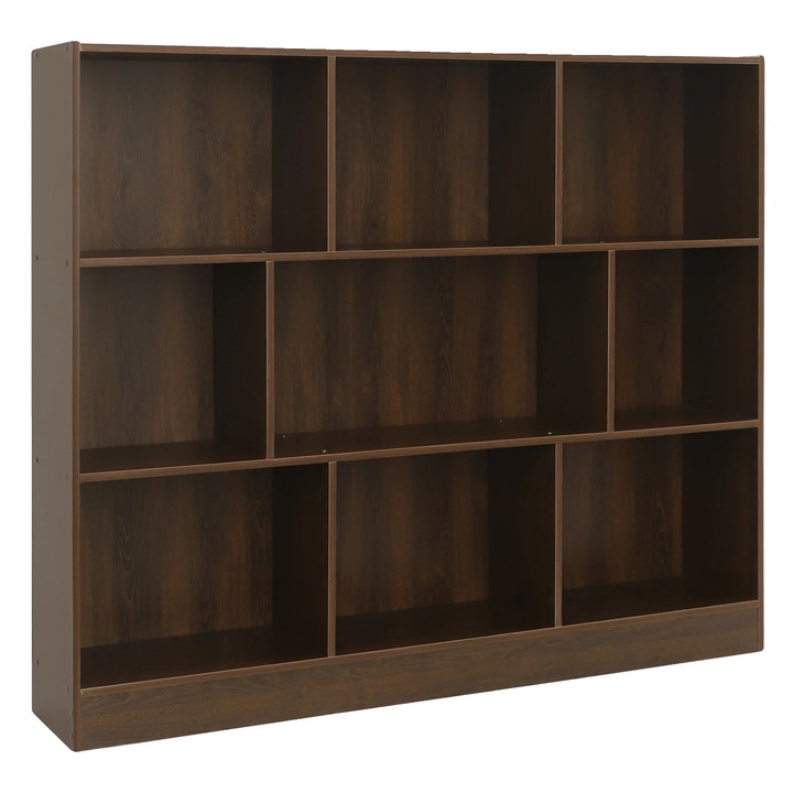 Biblioteca, 9 compartimente, finisaj elegant din lemn, maro inchis, dimensiuni variate