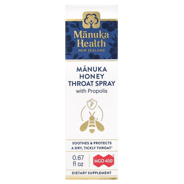Spray pentru gat Manuka Health cu miere de manuka si propolis, MGO 400+, 0,67 fl oz