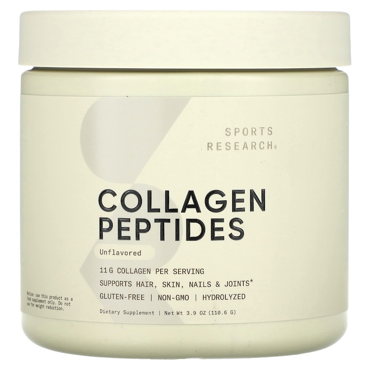 Peptide de colagen, Sports Research, tip I si III, 110.7 g, fara aroma, 11 g colagen pe portie