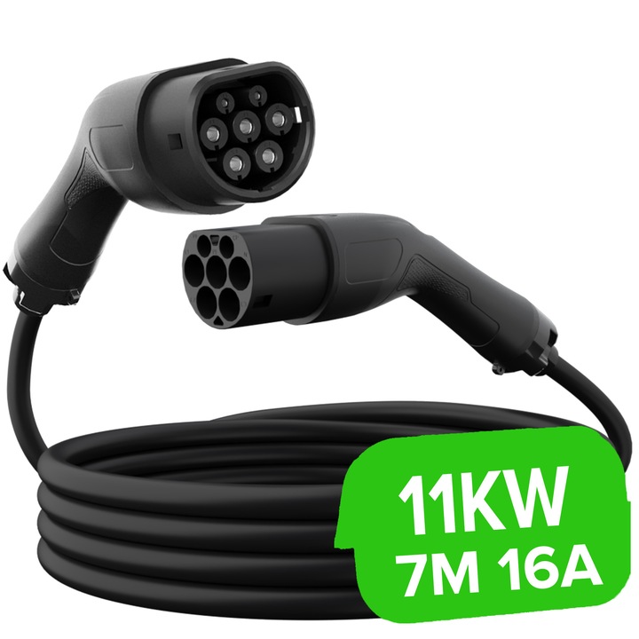 Cablu incarcare vehicul electric, 11kw 16A type2, 7M, IEC 62196-2, PETPUNT WD1107, Tip 2 Trifazat Pentru incarcarea EV PHEV, negru