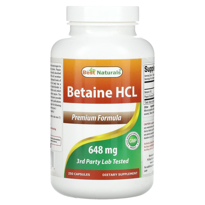 Supliment alimentar, Best Naturals, Clorhidrat de betaina, 648 mg, 250 capsule