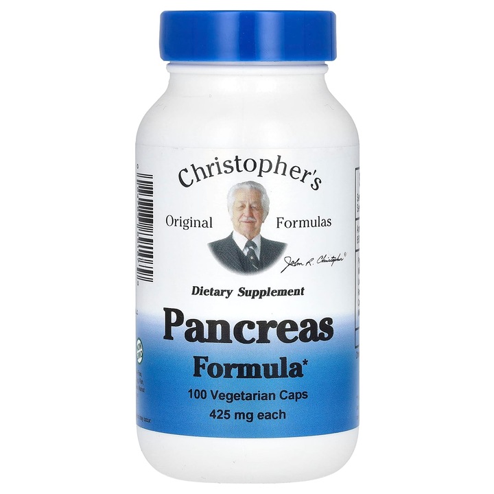 Supliment alimentar pentru pancreas, Christopher's Original Formulas, 460 mg, 100 capsule vegetale, fara gluten, vegan