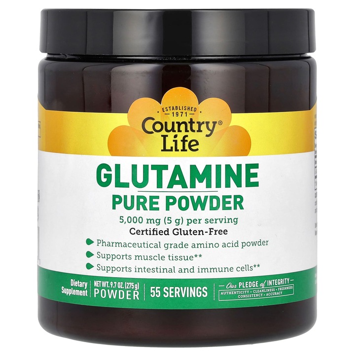 Pulbere pura de glutamina, Country Life, 275 g, fara gluten, vegana
