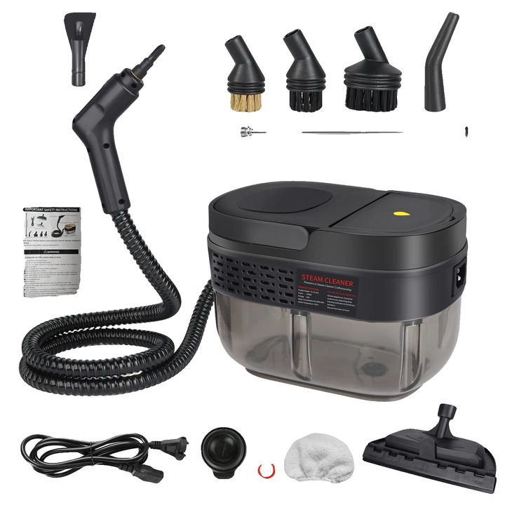 Aparat de curatat cu abur portabil, 2500W, negru, 1600ML, 3BAR, 15s, furtun 147cm, cablu 150cm