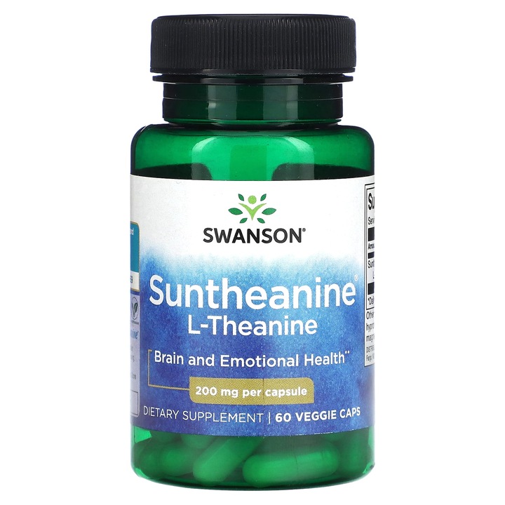 Supliment alimentar Swanson, L-teanina Suntheanine, 200 mg, 60 capsule vegetale, sanatate mentala, echilibru emotional
