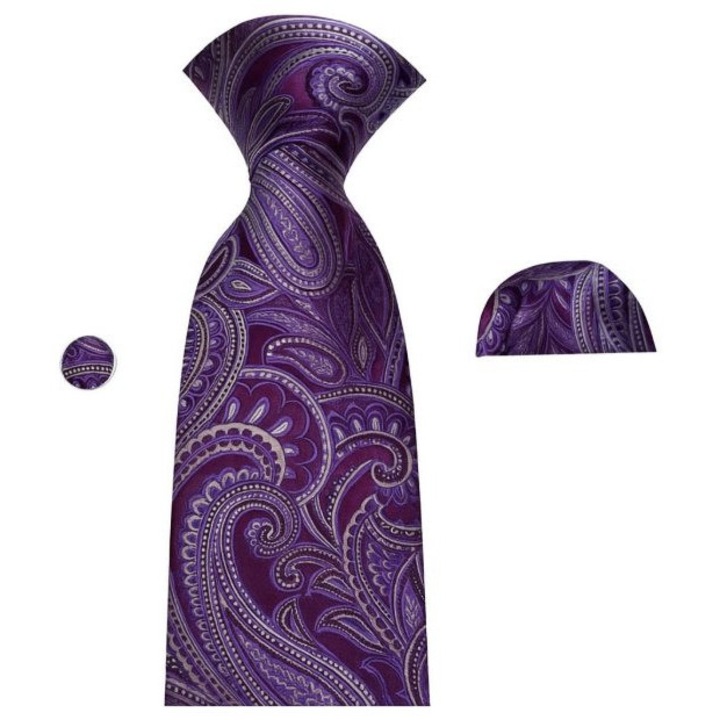 Комплект вратовръзка/кърпичка/копчета за ръкавели, лилав с бял, абстрактен дизайн, коприна