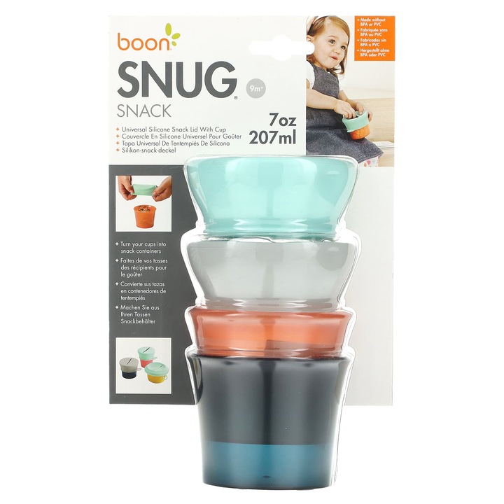 Boon Snug Snack, 2 db-os tárolókészlet szilikon fedéllel, 207 ml, 9 hónapos kortól, többszínű