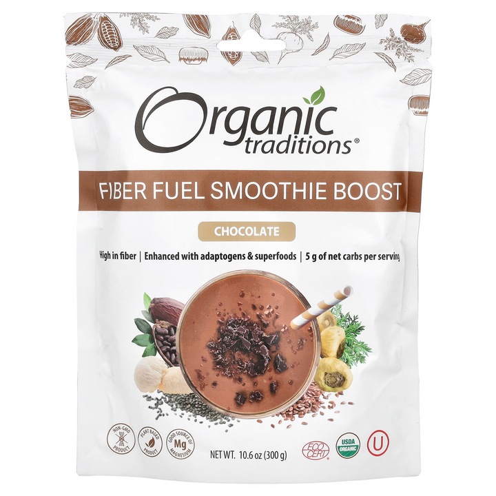 Fibre Fuel Smoothie Boost, 300 g, ciocolata, Organic Traditions, bogat in fibre, vegan