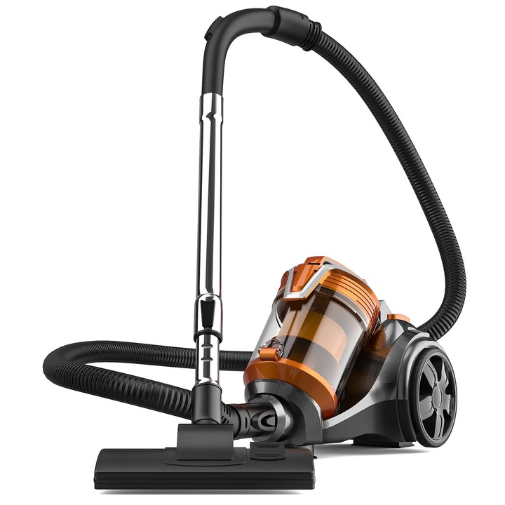 Aspirator cilindric, aspirator cu cablu, 3600W 15000Pa putere de aspirare, filtru multiciclonic, fara sac, cablu 5 m, pentru podele dure si covoare, par de animale, maro