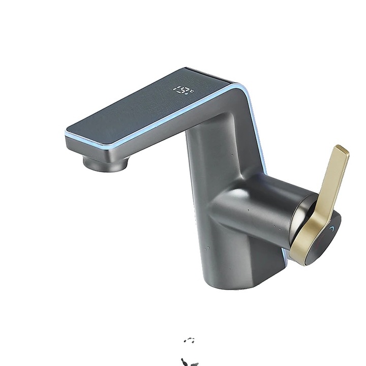 Fürdőszobai mosdócsaptelep, LED-es kijelzővel, hőmérséklet-érzékelővel, pultra szerelhető, sötétszürke, egykaros