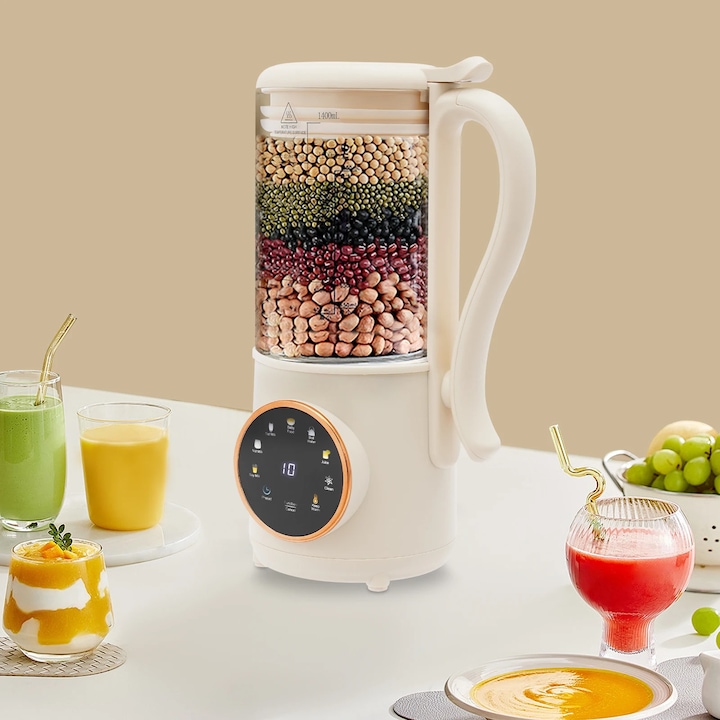 Aparat pentru lapte de soia, Blender electric, 1, 4 l, 200 W, Complet automat, Inteligent, Mixer si storcator, Alb