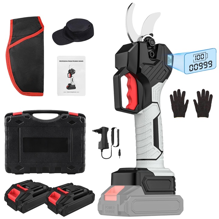 Foarfeci de gradinarit electrice, 2 acumulatori, motor fara perii, otel carbon, diametru lama 50mm