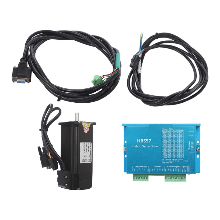 Kit motor pas cu pas NEMA23 cu bucla inchisa, HBS57 driver hibrid + 57HBS36, 3, 6 Nm, 4 A, 2 faze, cabluri 3 m, axa D 2, 1 cm, Albastru