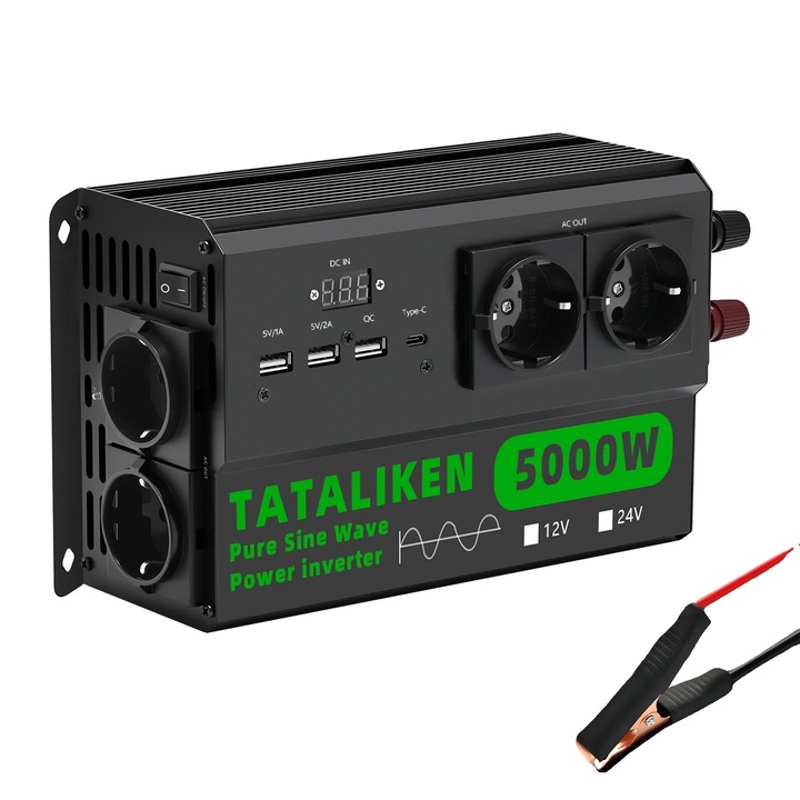 Автомобилен инвертор 5000W, 4 EU контакта, преобразуване от DC към AC, черен, 220V, 24V