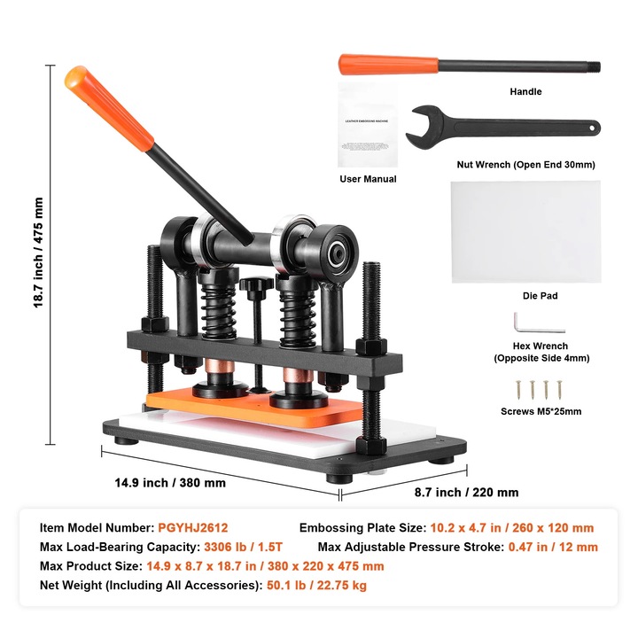 Masina de taiat piele, unelte de taiere, capacitate de incarcare 1500 kg, dimensiuni 26x12cm