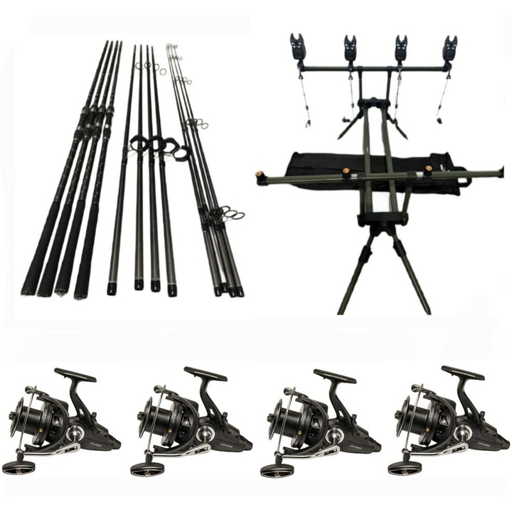 Set 4 Lansete Carbon 3,90m, 3 Segm, 3,75 LBS, 4 Mulinete CFR 10.000 Cu Baitrunner,13 Rulmenti
