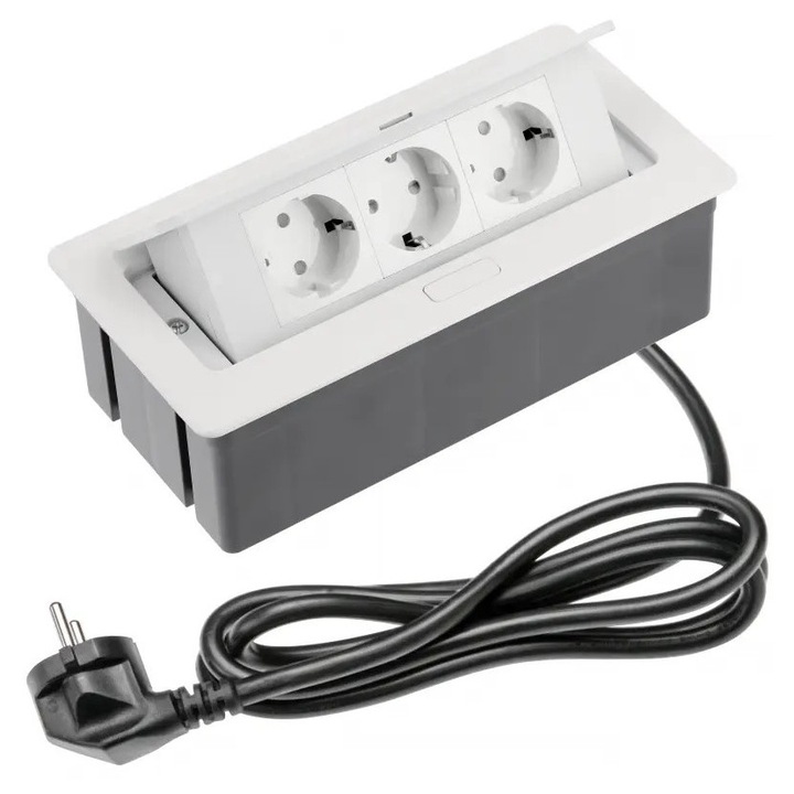 Вграден контакт за плот, 3 x Шуко, включен кабел 1,5 м, бял