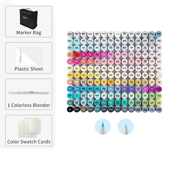 Set markere artistice, 168 culori, varf pensul si varf taiat, reincarcabile, cu suport de transport