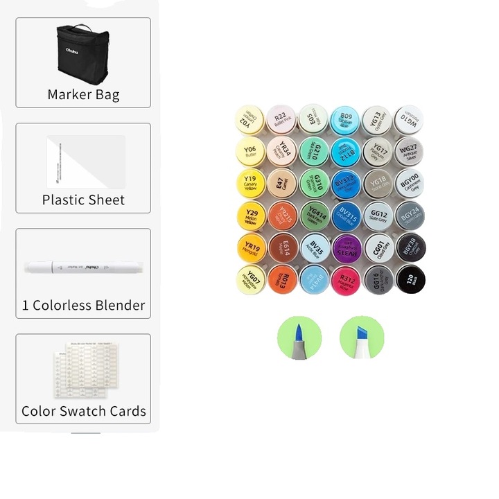 Set markere artistice, 36 culori, varfuri duale, cerneala refillabila, carcasa de transport