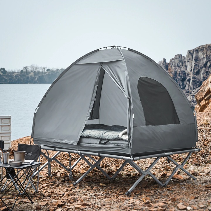 Cort Camping OGS32-L 4in1, Pat Camping, Saltea Aer, Sac de Dormit, Gri, 2 Persoane