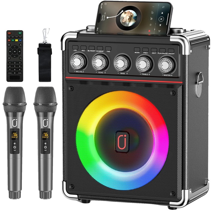 Караоке машина, два микрофона, Bluetooth свързаност, 12 часа живот на батерията, динамични светлинни ефекти