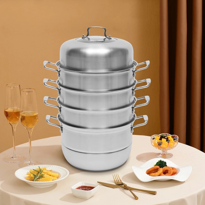 Oala pentru Gatit la Aburi din Inox, cu 5 Nivele, Capac inclus, Pentru Aragaz Inductie si Gaz, Culoare Argintie, Kit de Bucatarie