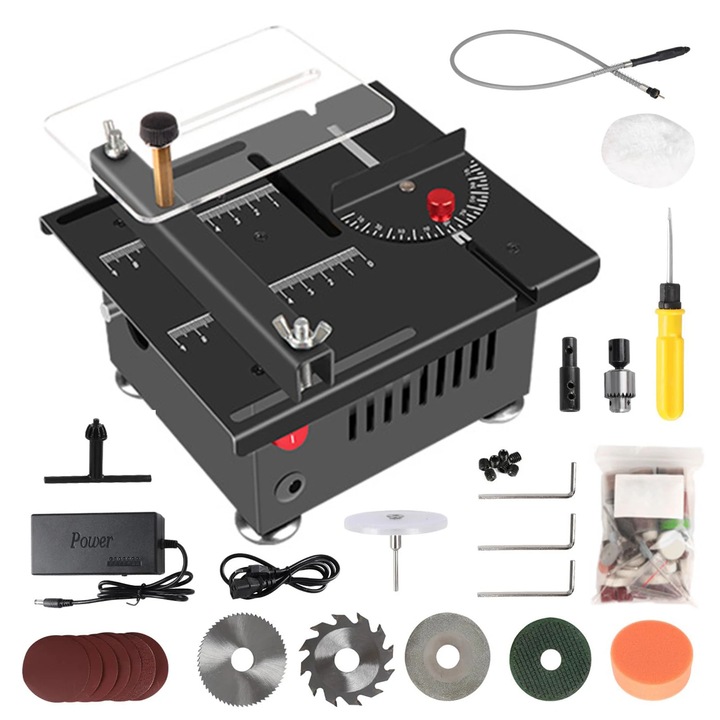 Mini fierastrau de masa, fierastrau de precizie, 96 W, 24 V DC 10 A, 5000 rpm, Adancime de taiere 14 mm, Lungime scara 100 mm, Maro