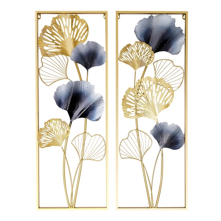 2 db fém fali dekoráció, ginkgo levelek, arany, 31x2x85cm/darab