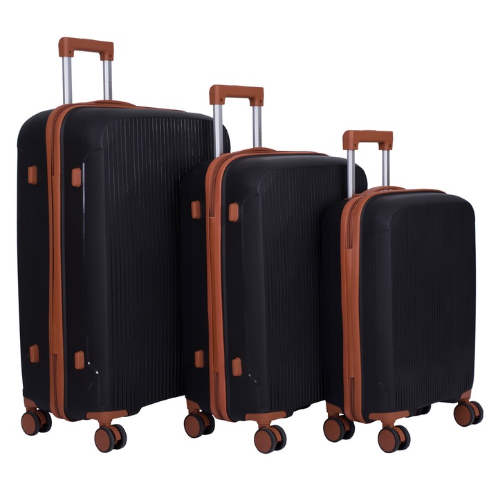 Set 3 Trolere Polipropilena special flexibil anti-casabil, Marime Mare/L 75X45X28 cm, Mediu/M, 65X40X24 cm, Mic/S, 55x36x20 cm, 4 roti duble cu rotatie 360°, Negru/maro, 171, CASLON ®