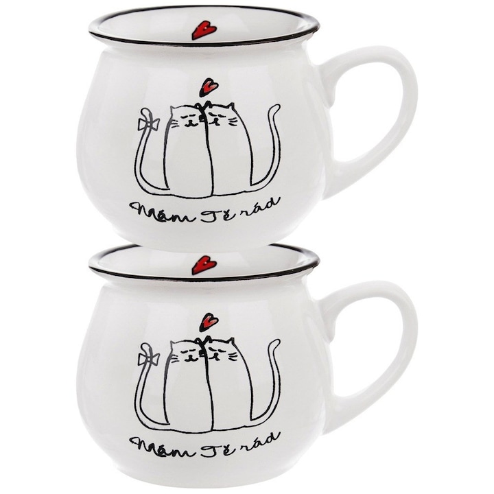 Set 2 Cani Ceramice, Orion, 13x9.5x8 cm, 300 ml, Fabricate Din Ceramica De Inalta Calitate, Motiv Cu Pisici Indragostite, Pot Fi Spalate In Masina De Spalat Vase, Pot Fi Incalzite In Cuptorul Cu Microunde, Alb