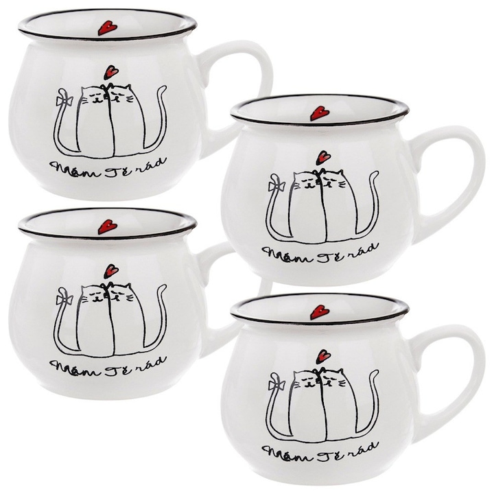 Set 4 Cani Ceramice, Orion, 13x9.5x8 cm, 300 ml, Fabricate Din Ceramica De Inalta Calitate, Capacitate Maxima 300 ml, Forma De Butoi, Usor De Curatat Si Utilizat, Alb