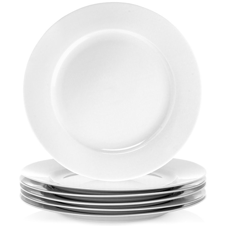 6 db-os uzsonnás tányérkészlet, Orion, Mona, 27x2,5 cm, porcelán, mosogatógépben mosható, mikrohullámú sütőben használható, klasszikus dizájn, fehér