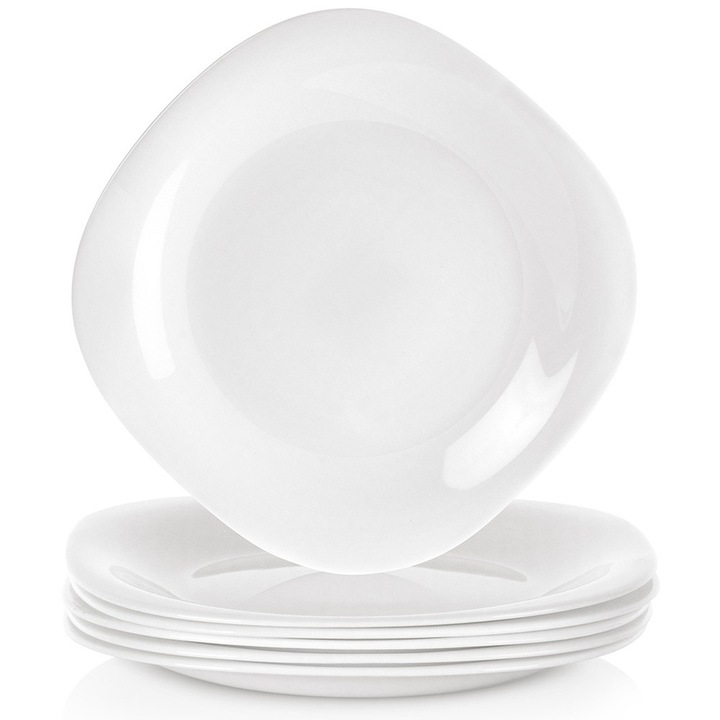 Set 6 Farfurii De Desert, Orion, Luna, 20x20x1.5 cm, Sticla, Potrivite Pentru Masina De Spalat Vase Si Cuptorul Cu Microunde, Forma Patrata Cu Margini Rotunjite, Rezistente La Temperaturi Ridicate Pana La Max. +100°C, Alb