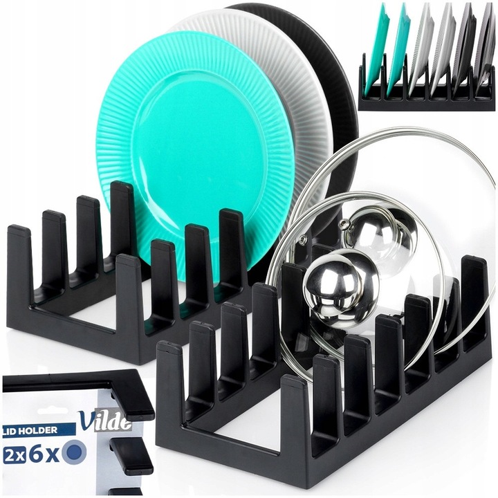 Set Suporturi Pentru Capace Si Farfurii, Vilde, 28x15x9 cm, Fabricate Dintr-Un Material De Inalta Calitate, Permite Stocarea Vaselor In Pozitie Verticala, Asigura Ordine Si Protejeaza Capacele De Deteriorare, Aspect Elegant, Negru