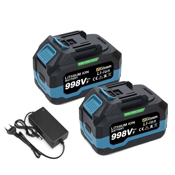 2 db újratölthető akkumulátor készlet Gisam, 4.0AH/6.0AH, 18V, 2x988VF, töltővel
