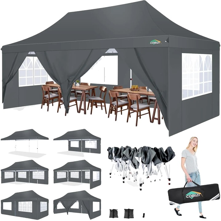 Pavilion gradina, 3x6m, gri, material Oxford, 6 panouri laterale removabile