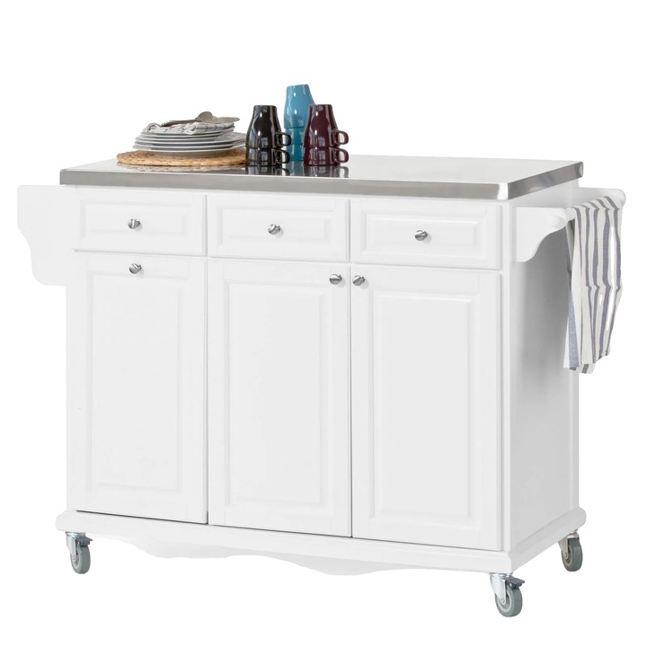 Konyhai büfé kerekekkel, rozsdamentes acél felülettel, bőséges tárolóhellyel, fehér, 107x48,5x95cm