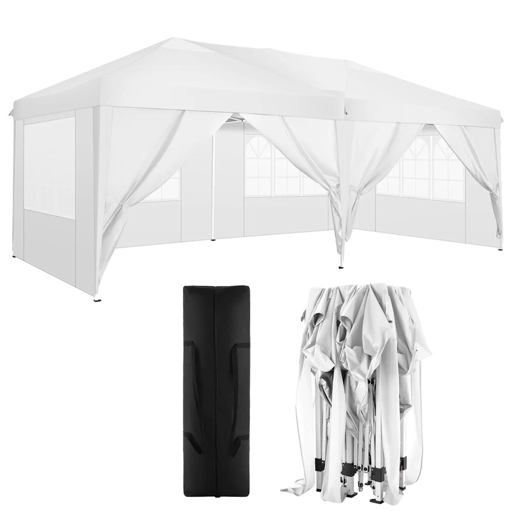 Pavilion gradina, impermeabil, inaltime ajustabila, alb, 3m x 6m, set cu 6 pereti laterali removabili
