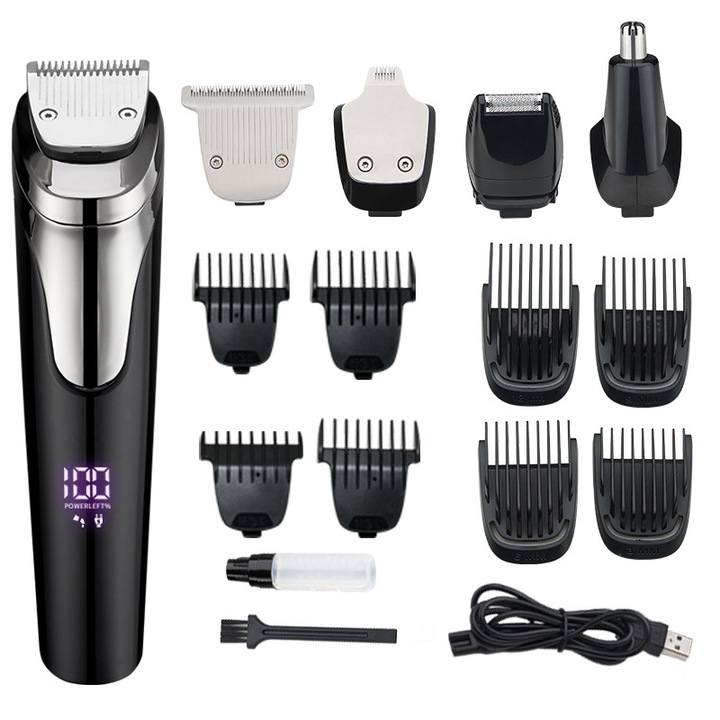 5-в-1 акумулаторна електрическа машинка за подстригване, пълен комплект за мъжки груминг, водоустойчива с батерия 500-800mAh, ножчета от неръждаема стомана, за коса и брада, множество аксесоари, черна