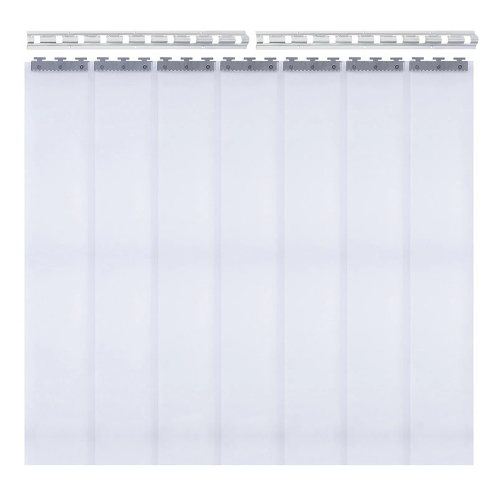 Perdea din benzi PVC, perdea cu fasii pentru usa, 7 benzi 2 m x 18 cm, grosime 2 mm, latime totala 1, 05 m, agatare cu carlige, montaj prin gaurire, Transparenta
