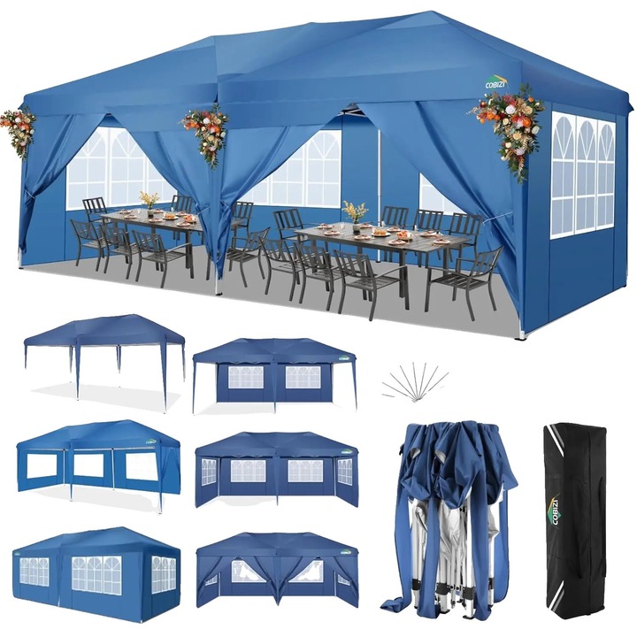 Pavilion gradina, Waterproof, inaltime ajustabila, albastru, 3x6m