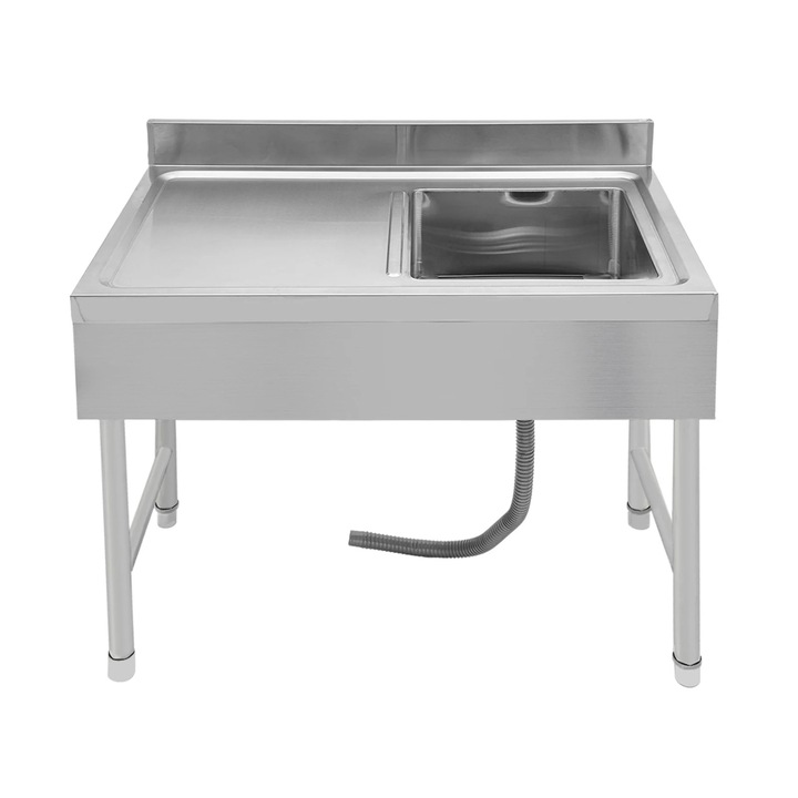 Chiuveta industriala din otel inoxidabil, freestanding, cu o cuva, 1 orificiu, fara baterie, picioare reglabile, necesita asamblare, argintiu