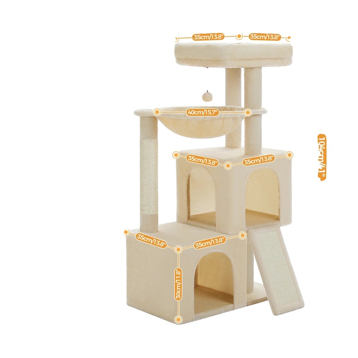 Ansamblu de joaca pentru pisici, 4 niveluri, cu condo-uri confortabile si hamac, 104cm