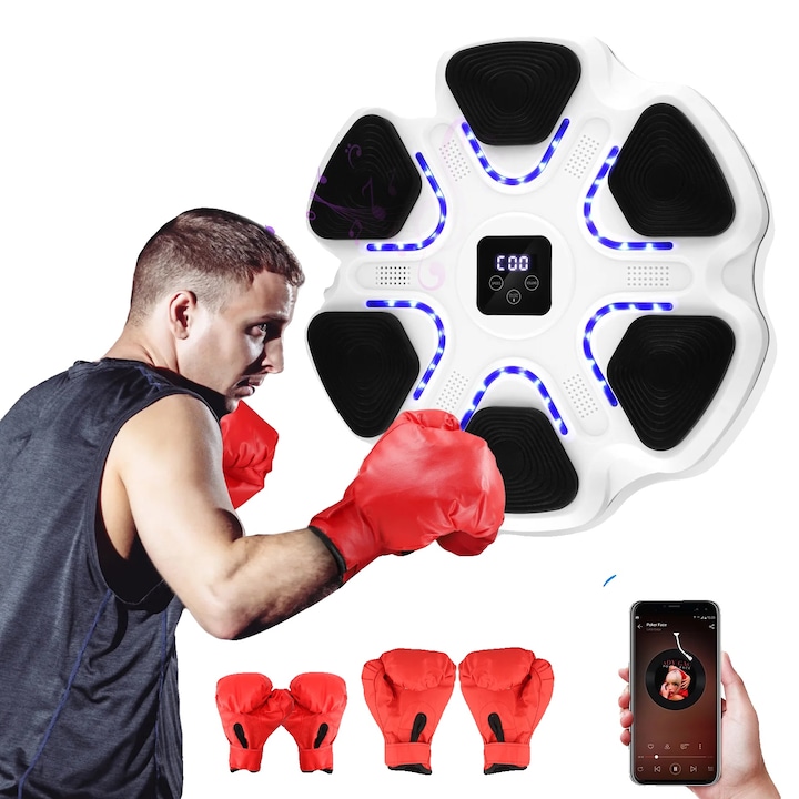 Masina de box, conectivitate Bluetooth, display LED, alb, set cu manusi de box