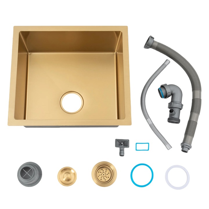 Chiuveta de bucatarie, Montaj pe blat, Otel inoxidabil, Dimensiuni 50 x 45 cm, Adancime 20 cm, Cuva simpla, Fara baterie, Auriu