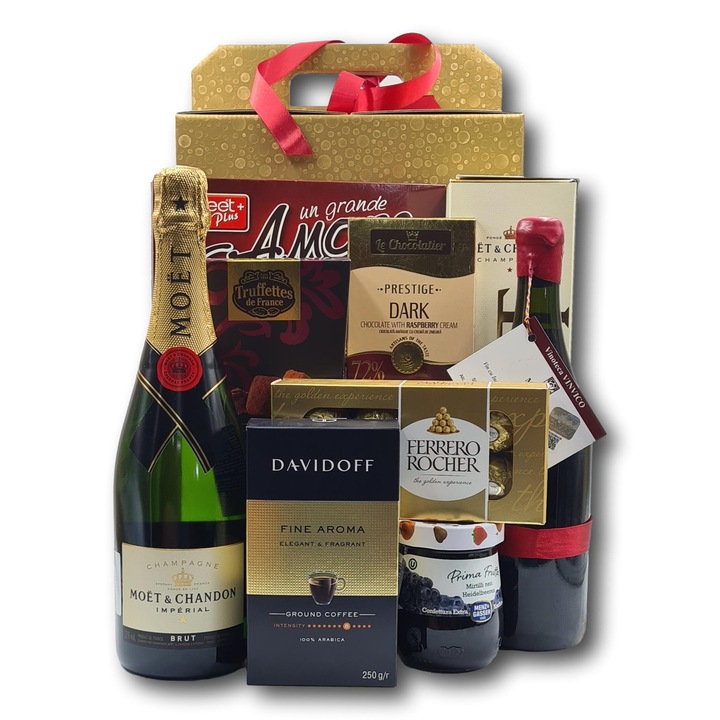 Pachet cadou exclusivist, CADOURI PREMIUM®, model Classic Elegance, cu sampanie Moet, vin romanesc de colectie, cafea Davidoff si alte surpize dulci