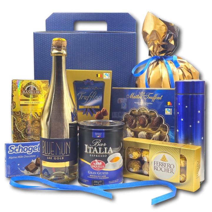 Pachet cadou elegant, CADOURI PREMIUM®, model Special Blue, cu spumant Blue Nun infuzat cu aur 24k, cafea premium Saquella, ceai Basilur, surprize rafinate Ferrero Rocher, Maitre Truffout, Schogetten si accesorii sofisticate, pentru momente speciale